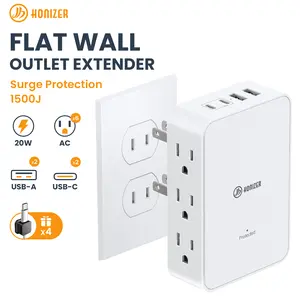 HONIZER Outlet Adapter, 2 Prong to 3 Prong with 6 AC Side Outlets, PD 20W USB-C, 2 Prong Power Strip with 4 Cable Clips, Multi Plug Outlet Splitter, Polarized Plug, Ideal for Old House