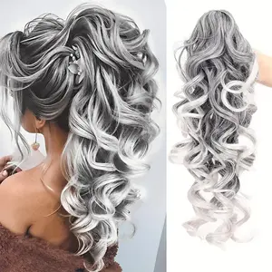VIKOK 16inch Curly Hair Clip-on Wig Silver Ombre for Stylish Look Easy to Wear Hair Extensions to Increase Hair Volume Suitable for Women to Wear Wigs During Festivals
