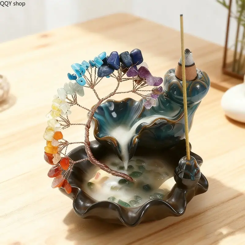 7-Chakra Natural Crystal Gravel Backflow Incense Holder, Phoenix Tail Lucky Tree Ceramic Incense Burner, Stick & Cone Incense Compatible, Healing Gemstone Ornament, Aesthetic Meditation Yoga Spa Decor, Spiritual Calming Home Room Decoration