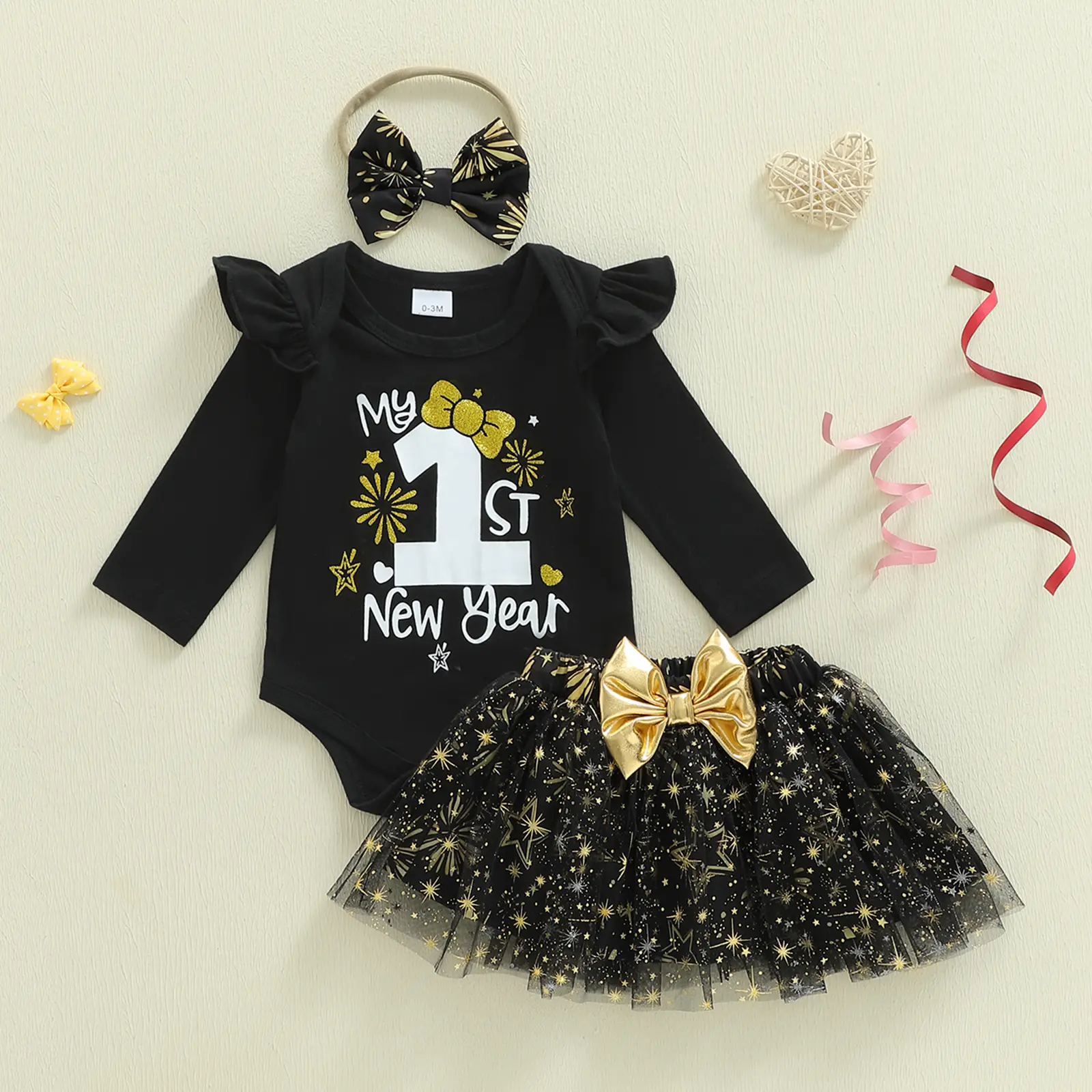 Newborn Baby Girl New Year Outfit Long Sleeve Romper + Firework Print Tulle Skirt + Headband Fall Winter Set 0-12 Months