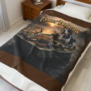 Family Tradition Deer Hunting Running Hounds Throw Plush Blanket - Warm Velvety Country Life Print - Soft Polyester Blend - Durable Double-Stitched Edges - Fast-Drying Shape-Retaining Fabric
