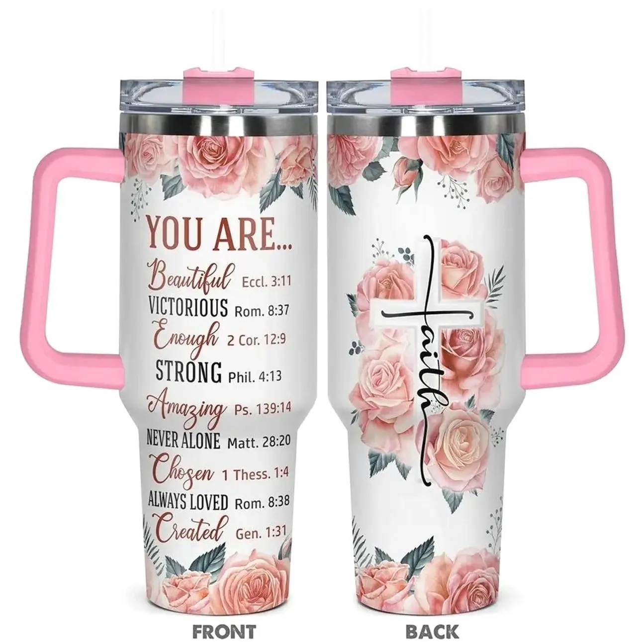 Floral Pattern Tumbler, 1 Count 40oz Stainless Steel Cup with Straw & Handle, Reusable Vacuum Insulated and Durable Cup, Perfect Gift for Christian, Families, Friends, Insulation Drinkware