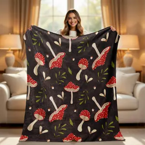 Cottagecore Mushroom-Themed Throw Blanket, Red Aesthetic Soft Blanket, Dark Forest Core Woodland Decor, Cozy Linen for Bed/Couch, Cute Gift for Nature Lovers, Mushroom-Themed Blankets