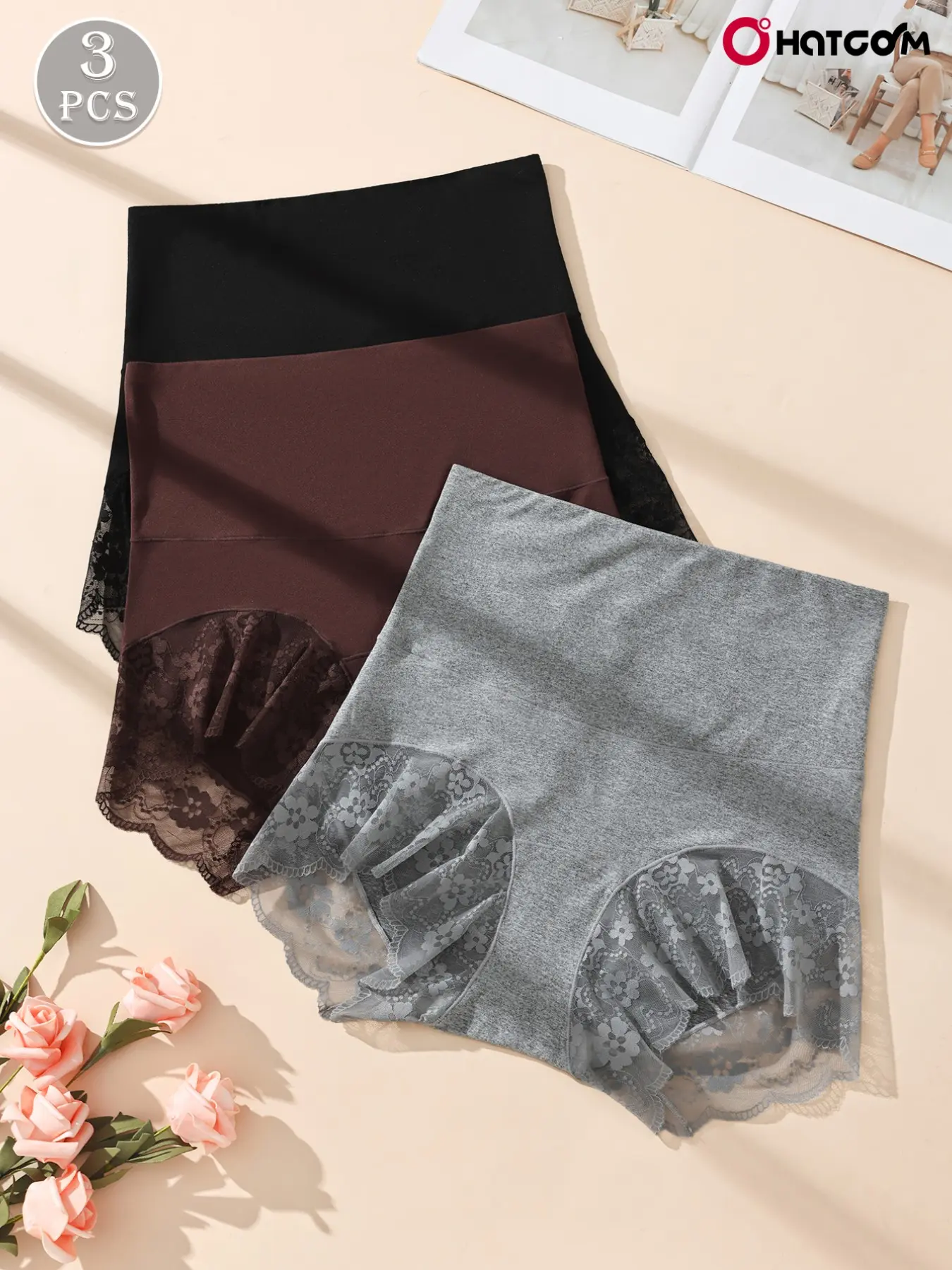 HOTCOM 3-Pack Women's High-Waist Full Coverage Boyshorts: Lace Patchwork & Breathable Crotch, Stylish & Comfortable, Tummy Control & Butt Lift, Invisible & Non-Restrictive, Ideal for Daily/Date/Gym, S-2XL
