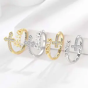 Cross letter opening adjustable ring faith/Jesus letter ring men and women daily wear gift