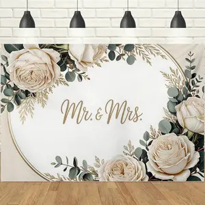 1pc 2D Luxury Rose & Eucalyptus Backdrop Banner with Mr.&Mrs. Gold Foil Design, Elegant & Premium, Ideal for Wedding Ceremonies, Engagement Parties, Bridal Celebrations & Reception Backdrops
