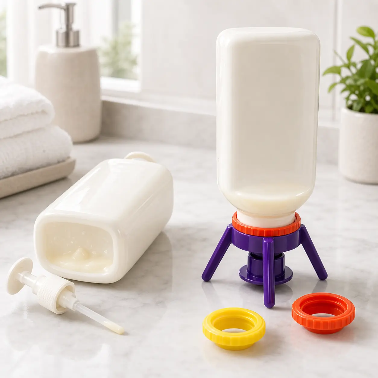 Bottle Emptying Caps, 6 Pack Upside Down Bottle Draining Stand with Adapters for Shampoo, Lotion, Dish Soap, Honey and Sauce Bottles