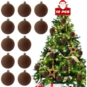 12 PCS Brown Velvet Ornaments for Christmas Tree Decorations, Warm Brown Velvet Christmas Ornaments Balls,Shatterproof Xmas Decorative Hanging Ornaments(2.36 Inch)