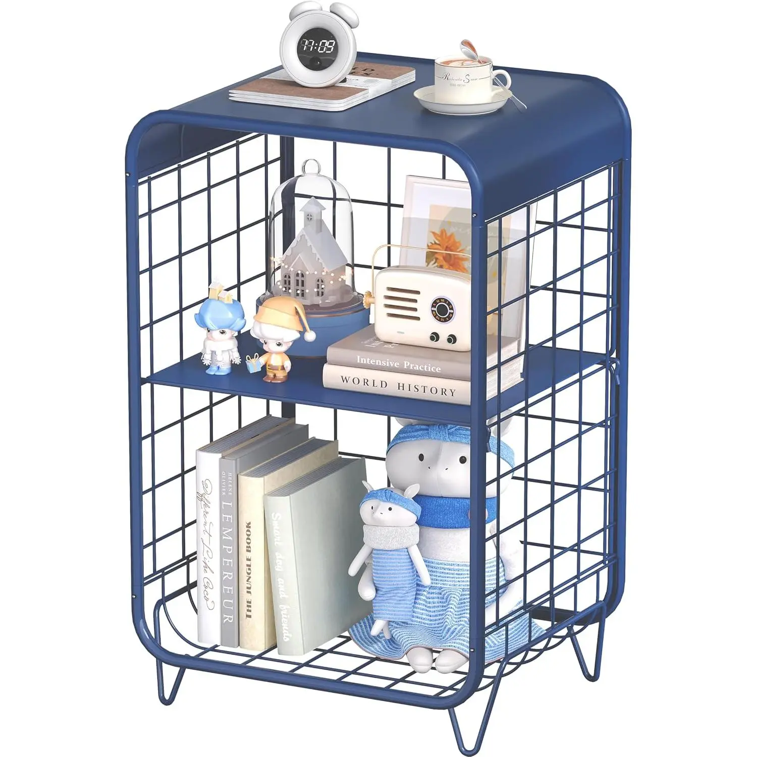 Cute Nightstand,Metal Side Table,3-Tier Modern End Table with Storage Shelf,  Side Tables, Cute Coffee Table for Living Room, Small Table for Bedroom,Navy Blue