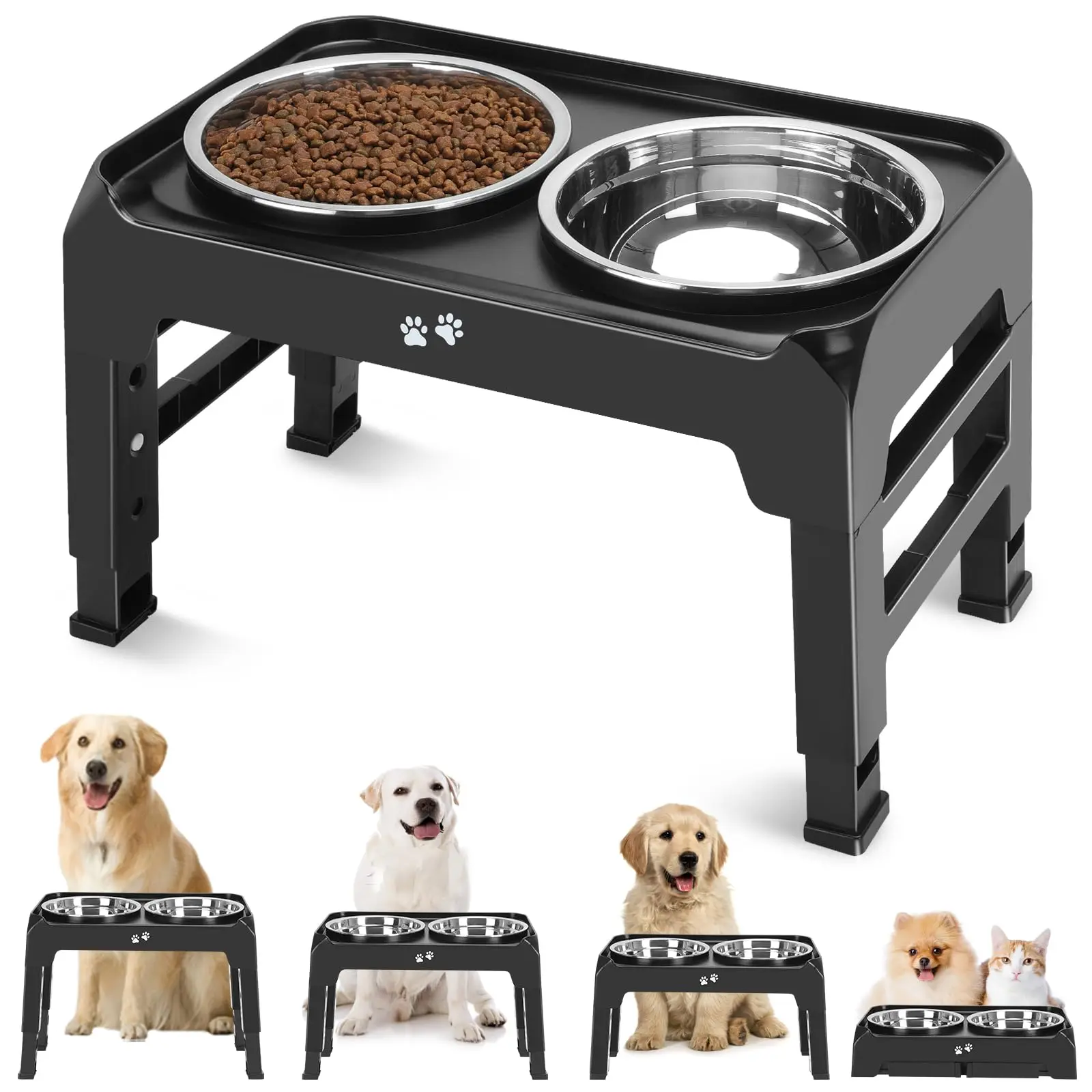 Elevated Dog Bowls, 4 Height Adjustable Raised Dog Bowl Stand with 2 Thick 50oz Stainless Steel Dog Food Bowls - Non-Slip Design for Pets
