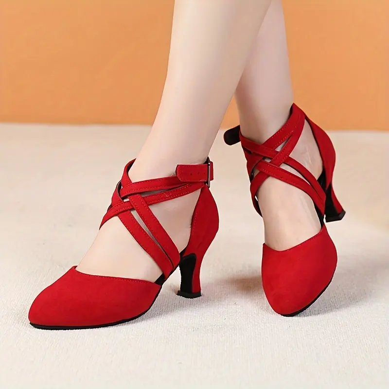 Women's Professional Dance Footwear - Satin X-Strap Latin Dance Heels with a Secure Fit for Ballroom and Cha Cha, Comfortable Fit, Dancing Shoes, All Seasons, Cross-Strap, Cowhide Mix, Fabric Fit