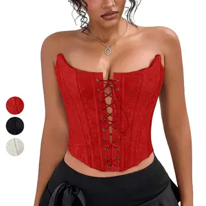 ApperlothA Women's Vintage Sexy Corset Tops, Stretch Chic & Trendy Sexy Strapless Lace-Up Corset Top with Textured Patterns, Perfect for Party & Club Wear - Music Night Out Outfits #Summervibes