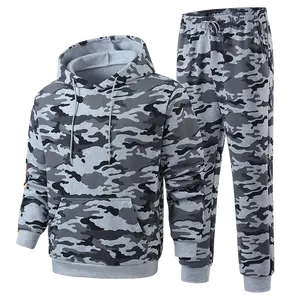 Men's 2-Piece Athletic Clothes Set, Menswear Camouflage Hooded Sweatshirt with Kangaroo Pocket & Drawstring Jogger Pants with Side Pockets, Comfortable Tracksuit for Outdoor Streetwear