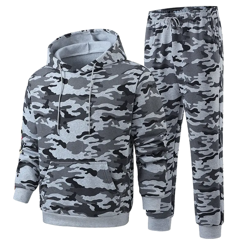 Men's 2-Piece Athletic Clothes Set, Menswear Camouflage Hooded Sweatshirt with Kangaroo Pocket & Drawstring Jogger Pants with Side Pockets, Comfortable Tracksuit for Outdoor Streetwear