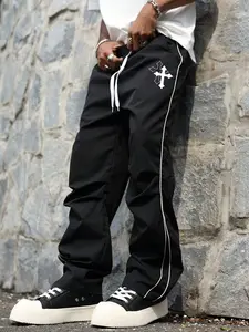 Men's Black Cross Patch Cargo Pants, White Stitched Wide Leg Trousers