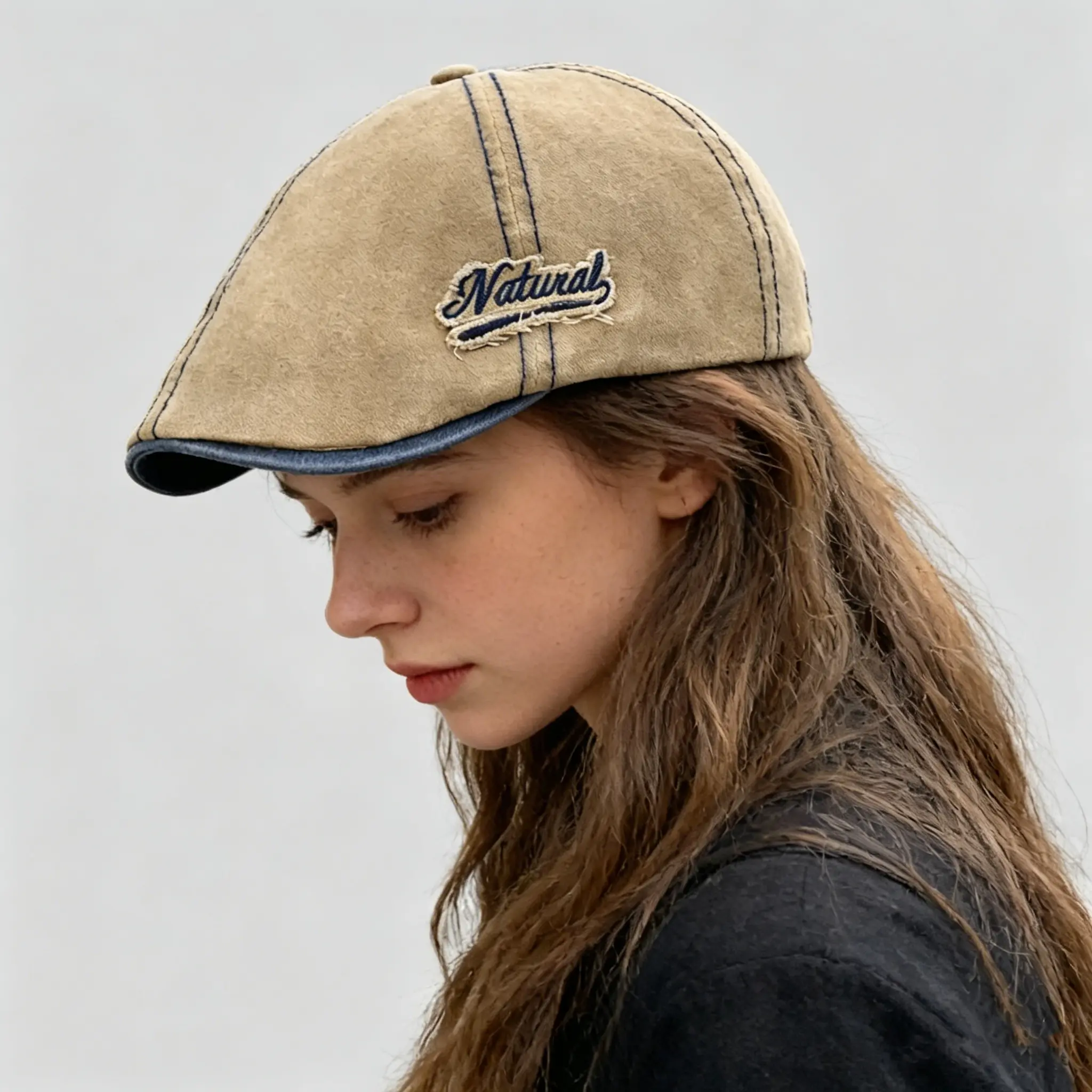 Unisex Fitted Vintage Beige Embroidered Wrinkle Resistant Old School Flat Cap - Adjustable 56cm-59cm Ivy Cap for Women, Casual Daily Wear, Ideal Prom & Graduation Gifts, Damp Wipe Only, Old School Hats, 56Cm To 59Cm
