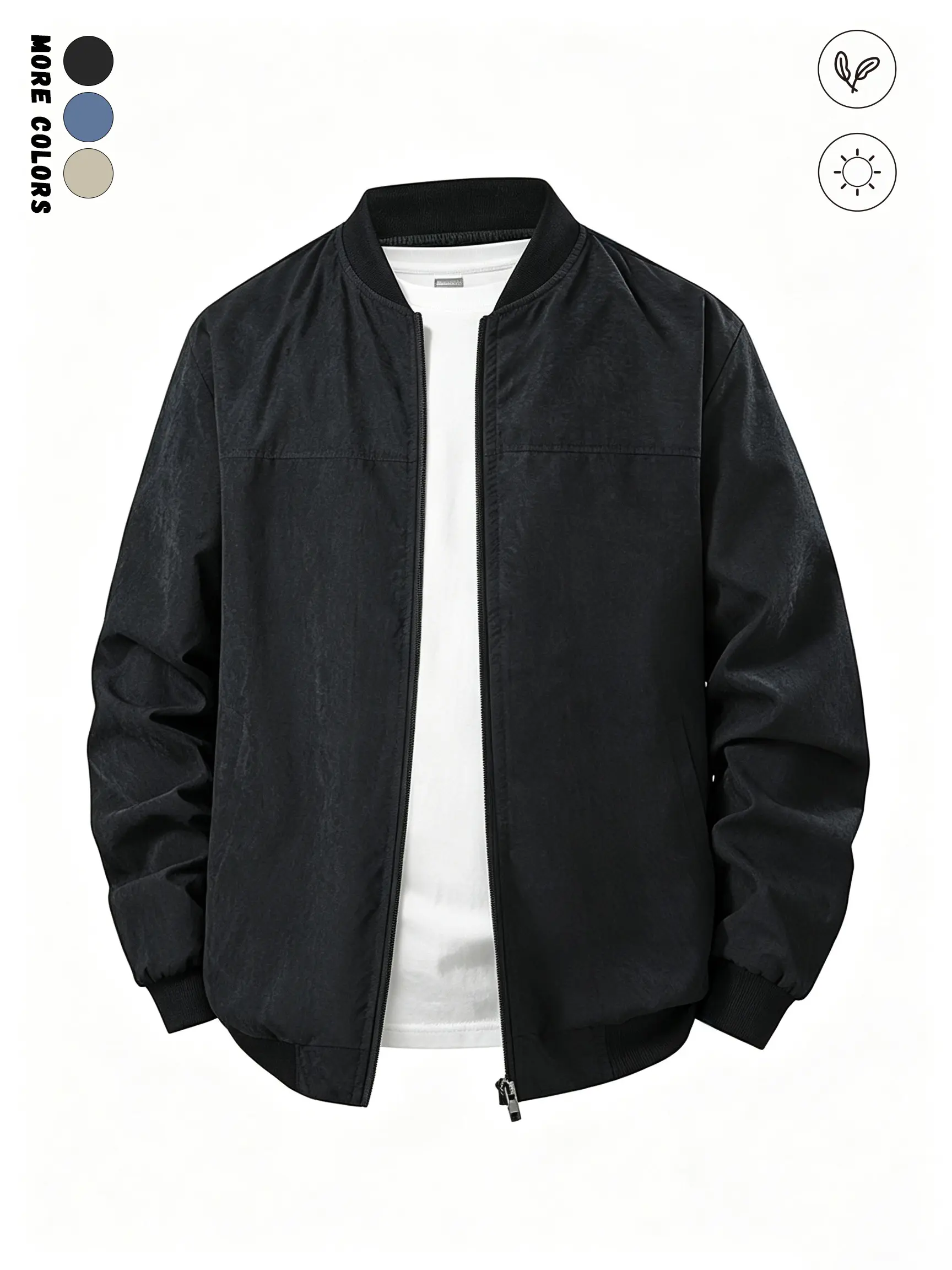 Men’s minimalist aviator jacket with a ribbed stand collar and full zipper; lightweight, windproof casual baseball jacket for everyday outdoor wear.