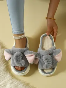 Women's Cute Cartoon Animal Home Slippers, Comfortable Breathable Linen Insole, Soft Elephant Design, Indoor Warm Silent Toe Out Slipper, Flat Slippers