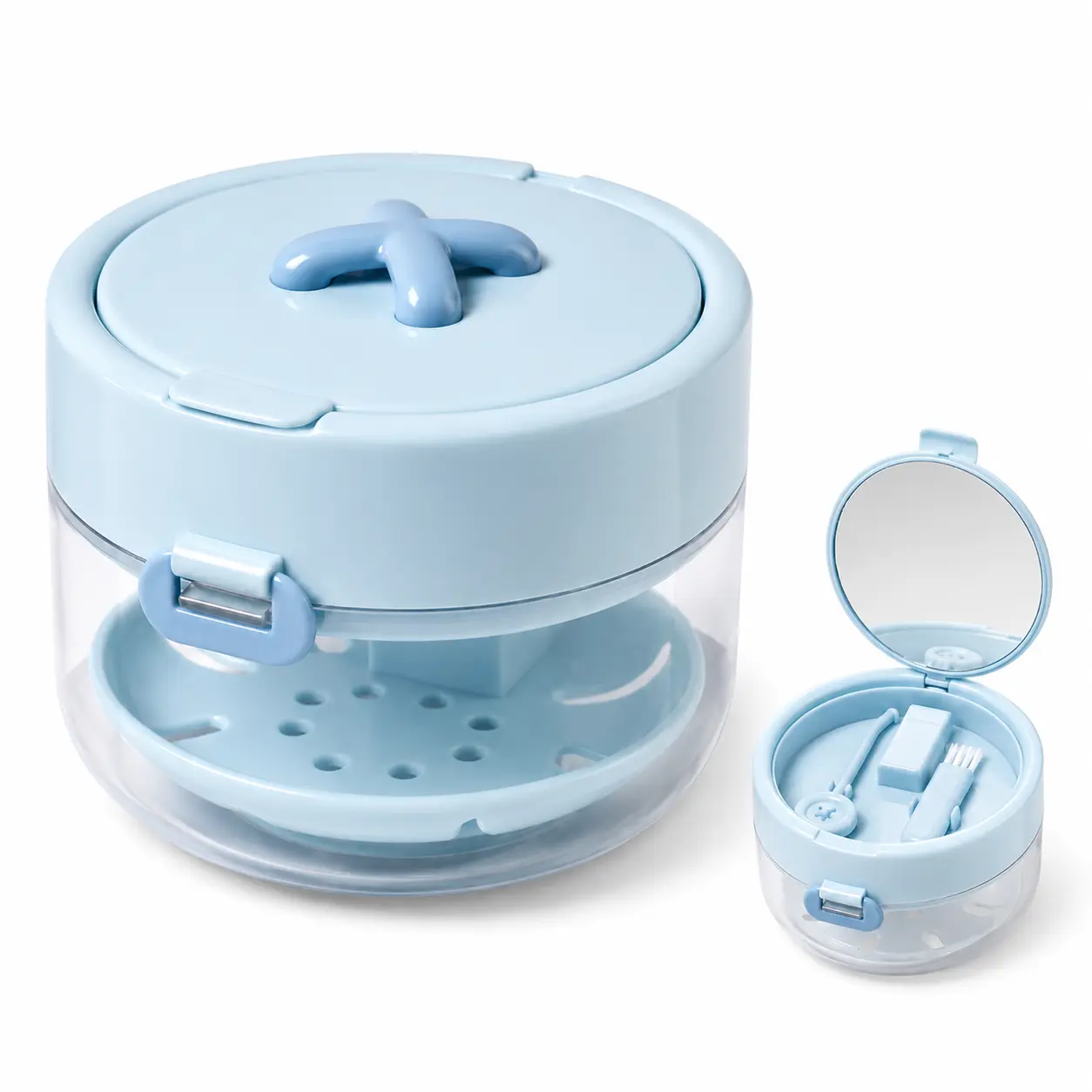 3-in-1 Retainer Case with Mirror and Cleaning Brush, Portable Retainer Case with Mirror, Aligner Storage Box with Drain Tray Remover Tool and Separate Compartments for Travel Daily Use