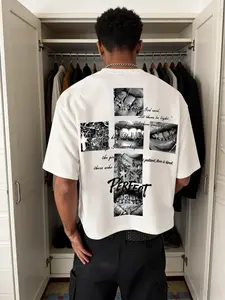 Men's cropped T-shirt, religious quote and Grillz cross patch print, streetwear loose white short-sleeved top, casual summer fashion, loose fit T-shirt, street trend, subculture style, holiday gift, unisex