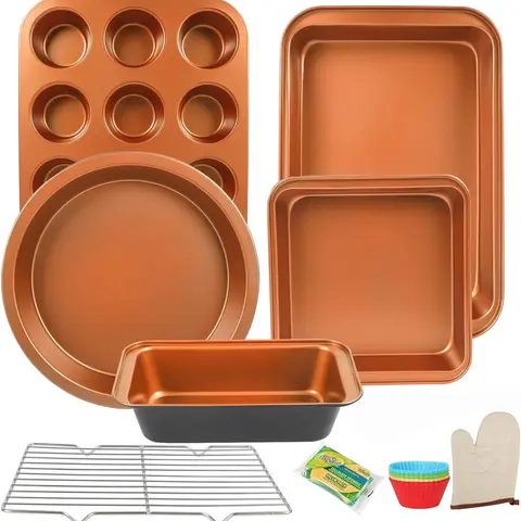 Nonstick Baking Pans Set - Stackable Bakeware with Cookie Sheet, Muffin, Round/Square Cake Pan, Loaf Pan, Rack, Oven Mitt & Spatula for Home Baker non-stick bakeware set nonstick bakeware bread pan Cooking