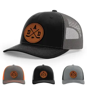 Hockey Dad, Ice Hockey Sticks Cross Dad Gift, Roller League Hat, 112 Style Trucker Leather Patch Hat