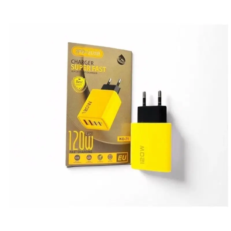 120W 4-Port Fast Wall Charger USB-C/USB-A w/ 1m Cable, Yellow, EU