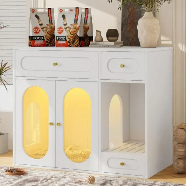 Bellemave 47.25in Large Litter Box Enclosure House - 47.20x22.00x27.70in High-Quality PB Board Pet Furniture, LED Lights, Stairs, Scratching Post, Smart Door, Odor Control, Enclosed Tray, Multi-Use Area Living Room Coffee Table for 1-2 Litter Boxes, Holds