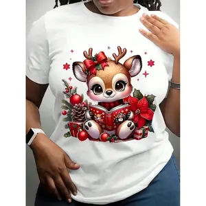 Women's Casual Christmas-Themed Graphic T-Shirt - Cute Reindeer With Gift Box & Ornaments, Red & White Holiday Design, Breathable Short Sleeve Round Neck Top, Machine Washable, All-Season Wear Fabric Womenswear funny shirt