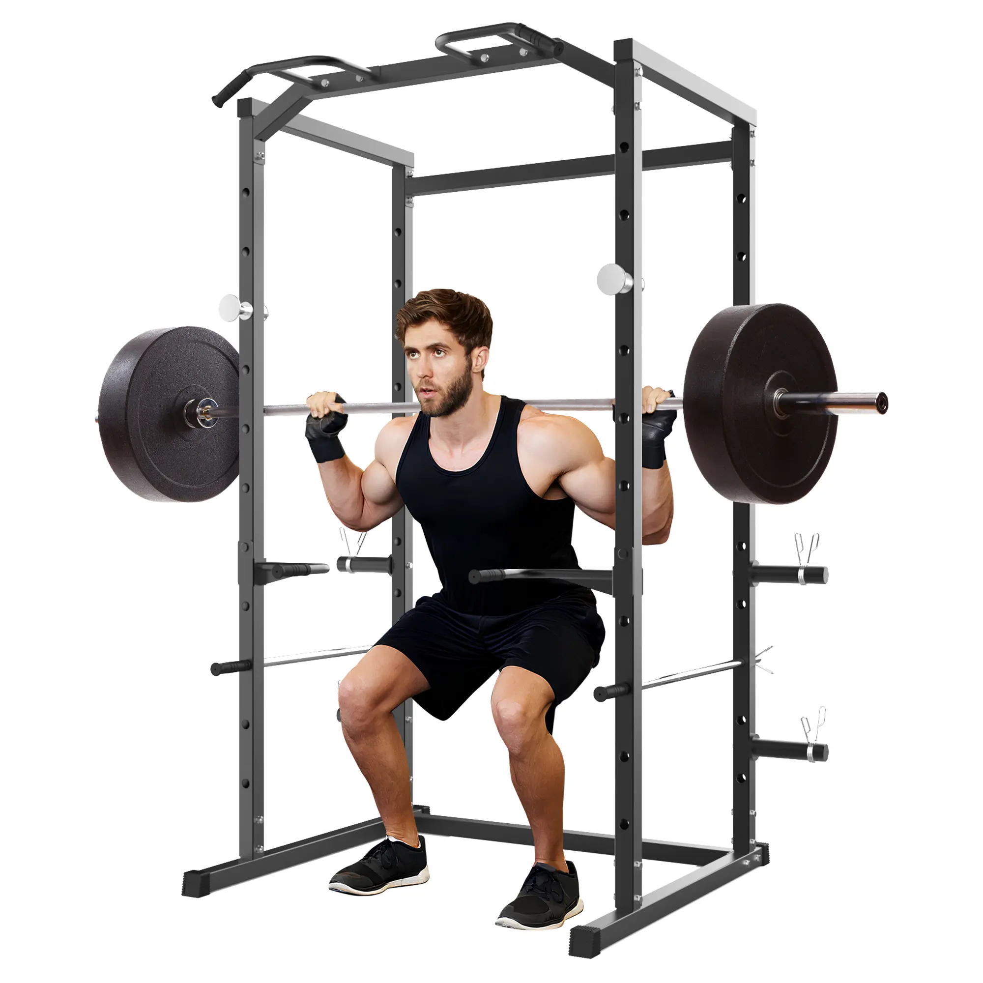 1100LB Sturdy Commercial-Grade Power Cage Squat Rack - Home Workout Machine for Full Body Workout, Fitness Training Equipment with Pull-Up Bar, Dip Bars, Weight Plate Storage, Adjustable Safety Spotter Arms