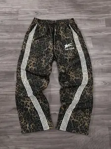 Men's Leopard Print Striped Drawstring Waist Pants, Fall & Winter Casual Fitted Straight Leg Long Pants, Daily Wear Men's Bottoms