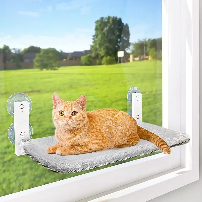 Cordless Cat Window Perch – Strong Metal Frame, 4 Suction Cups, Cozy Sunbathing Spot, Foldable for Space Saving, Easy to Install