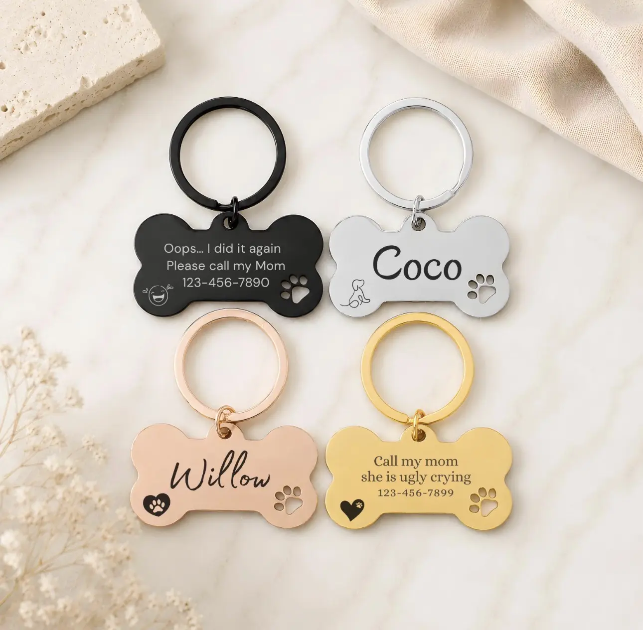 YOKWE Hawaii Personalized Stainless Steel Dog ID Tag, Custom Laser Engraved Bone Pet Tag with Phone Number