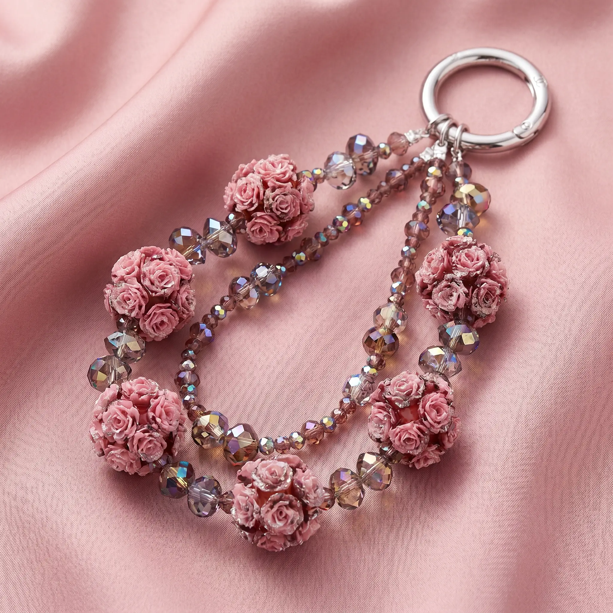 Crystal Flower Ball Phone Strap Original Beaded Color Changing Rose Charm Anti Drop Wrist Lanyard Light Luxury Handmade Cute Fresh for Daily Use