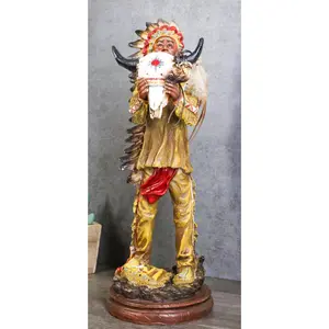 Indian Tribal Warrior Chief with Roach Headdress Holding Ox Cow Skull Figurine
