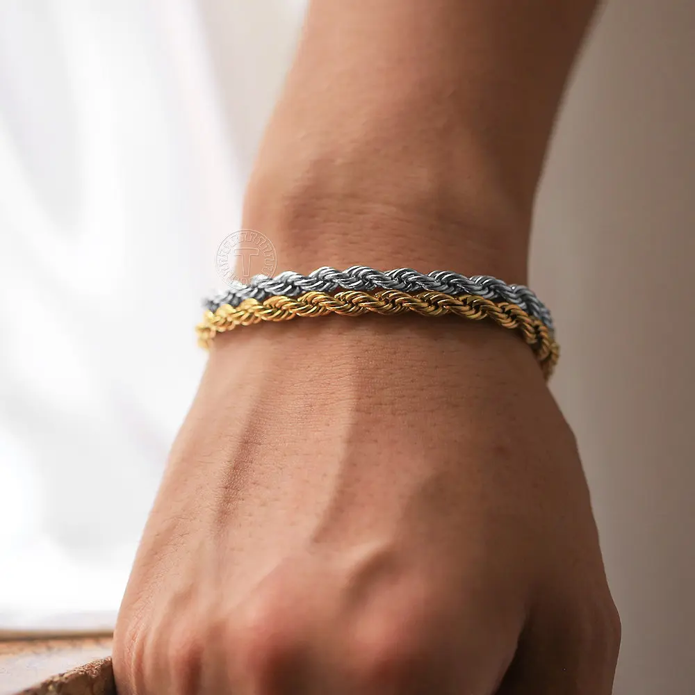 Hermah 2Pcs Stainless Steel Twisted Rope Link Chain Bracelets 7" + 2" Extender - Silver/Gold Color