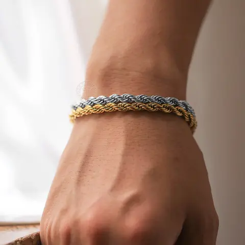 Hermah 2Pcs Stainless Steel Twisted Rope Link Chain Bracelets 7" + 2" Extender - Silver/Gold Color
