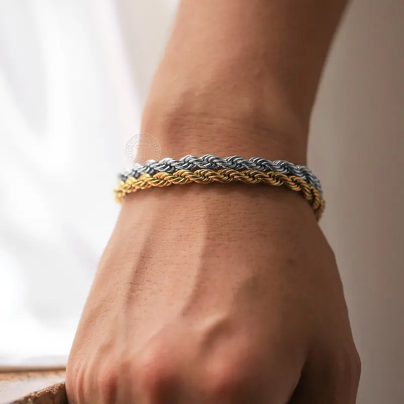 Hermah 2Pcs Stainless Steel Twisted Rope Link Chain Bracelets 7" + 2" Extender - Silver/Gold Color