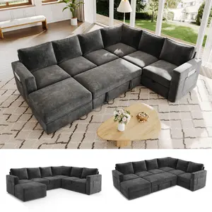 【4 Packages】83.5" Sectional Sleeper Sofa with Pull Out Couch, Modern 5 Seat L Shaped Modular Couch, Sectionals Modular Sofa with Storage, Comfy Sectional Couches for Living Room & Apartment