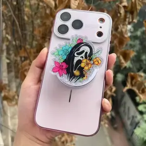 Floral Ghost Mask MagSafe Phone Grip — Goth Glitter Popgrip, Horror Aesthetic Magnetic Holder Spooky Dark Floral Gift for iPhone 15 14 13