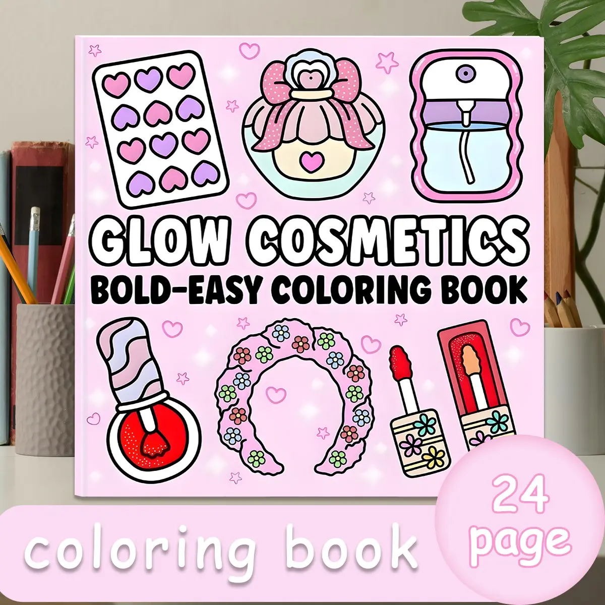 Adult Coloring Book, Glow Cosmetics, 24 Bold Designs, Perfect Size 7.9x7.9 Inches, Premium Thick Paper, Original Hand-Drawn Art, Ideal Gift for Adults & Kids, Creative Coloring Book, Coloring Pages, Relaxation, Stress Relief, Creativity