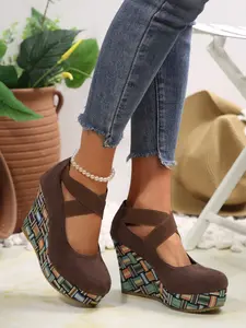 Suede Woven Wedge Platform Pumps | Crisscross Elastic Strap | Perfect for Boho & Daily Wear! #WedgeHeels #PlatformPumps