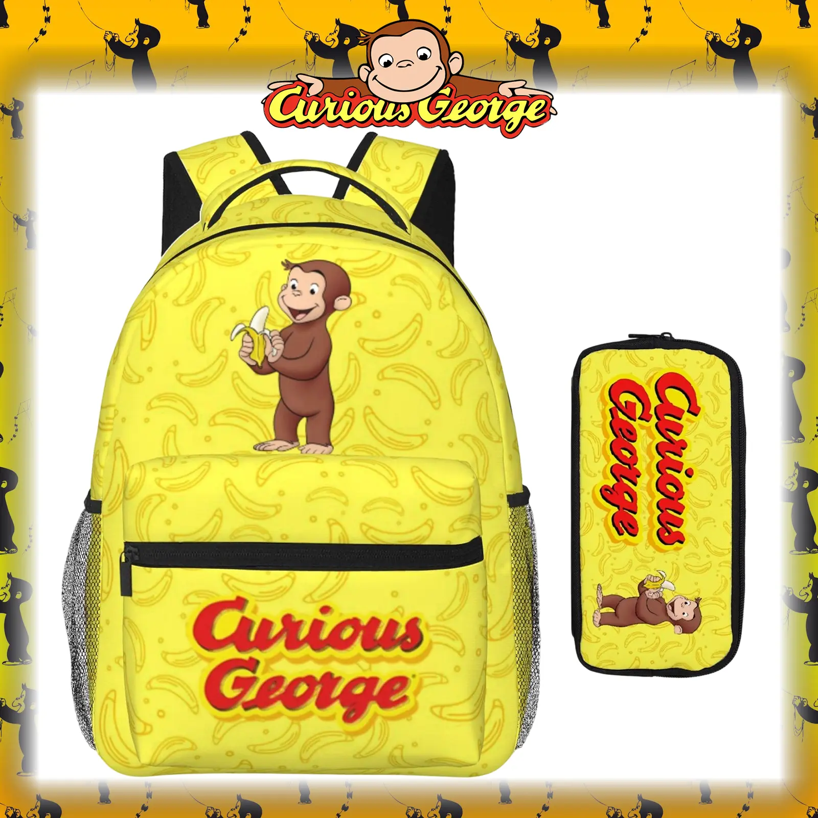 Curious George All-Over Print Polyester Laptop Backpack - Waterproof, Zipper Closure, Large Capacity, 11.42" l × 5.12" w × 14.57" h Animated Character Graphic Casual Daypack for Teens, Campus Carry, Birthdays