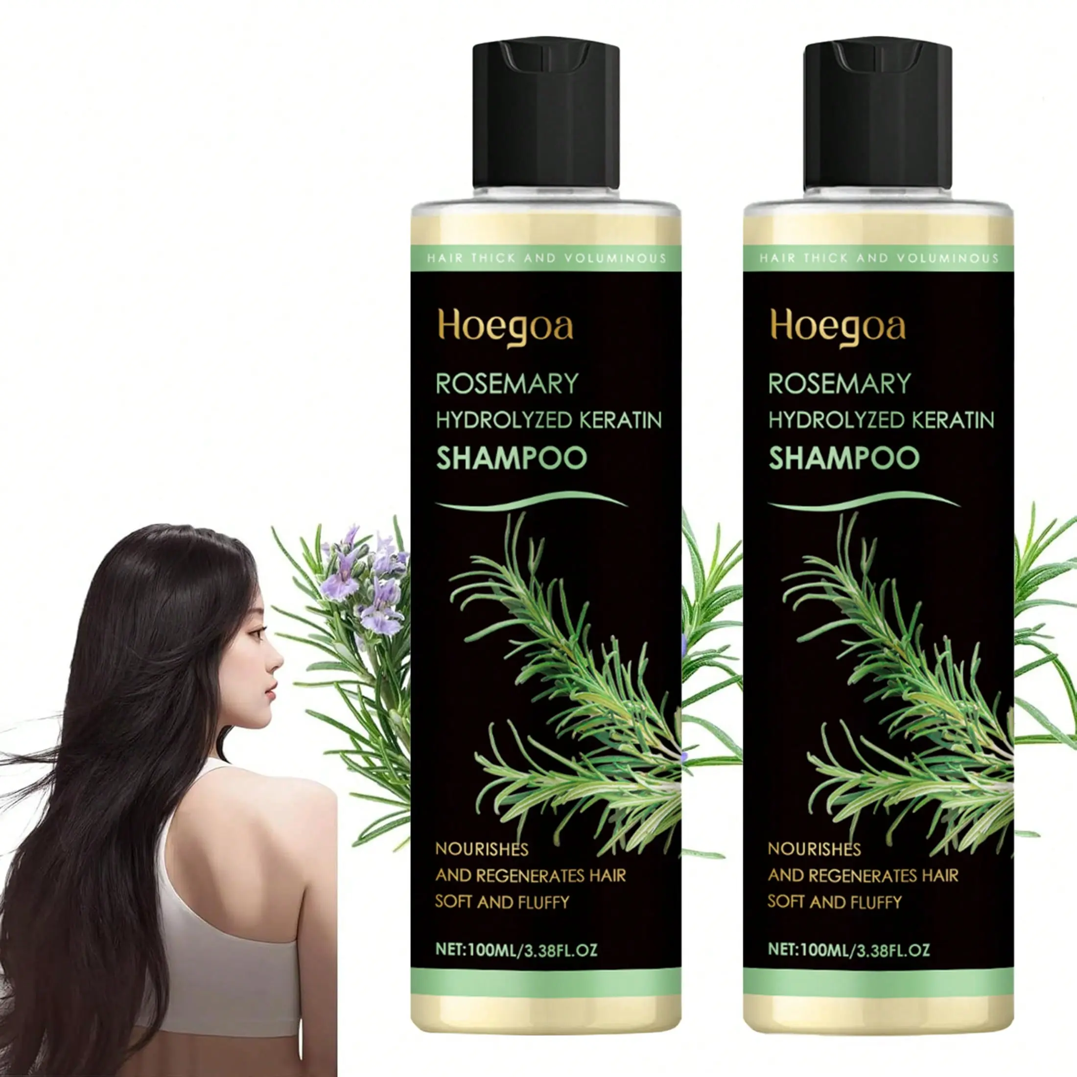 Hoegoa Rosemary Hydrolyzed Keratin Shampoo, Volumizing Thickening Hair Shampoo, Nourish Repair Damaged Thin Flat Hair, Soft Fluffy Scalp Care Shampoo 100ml