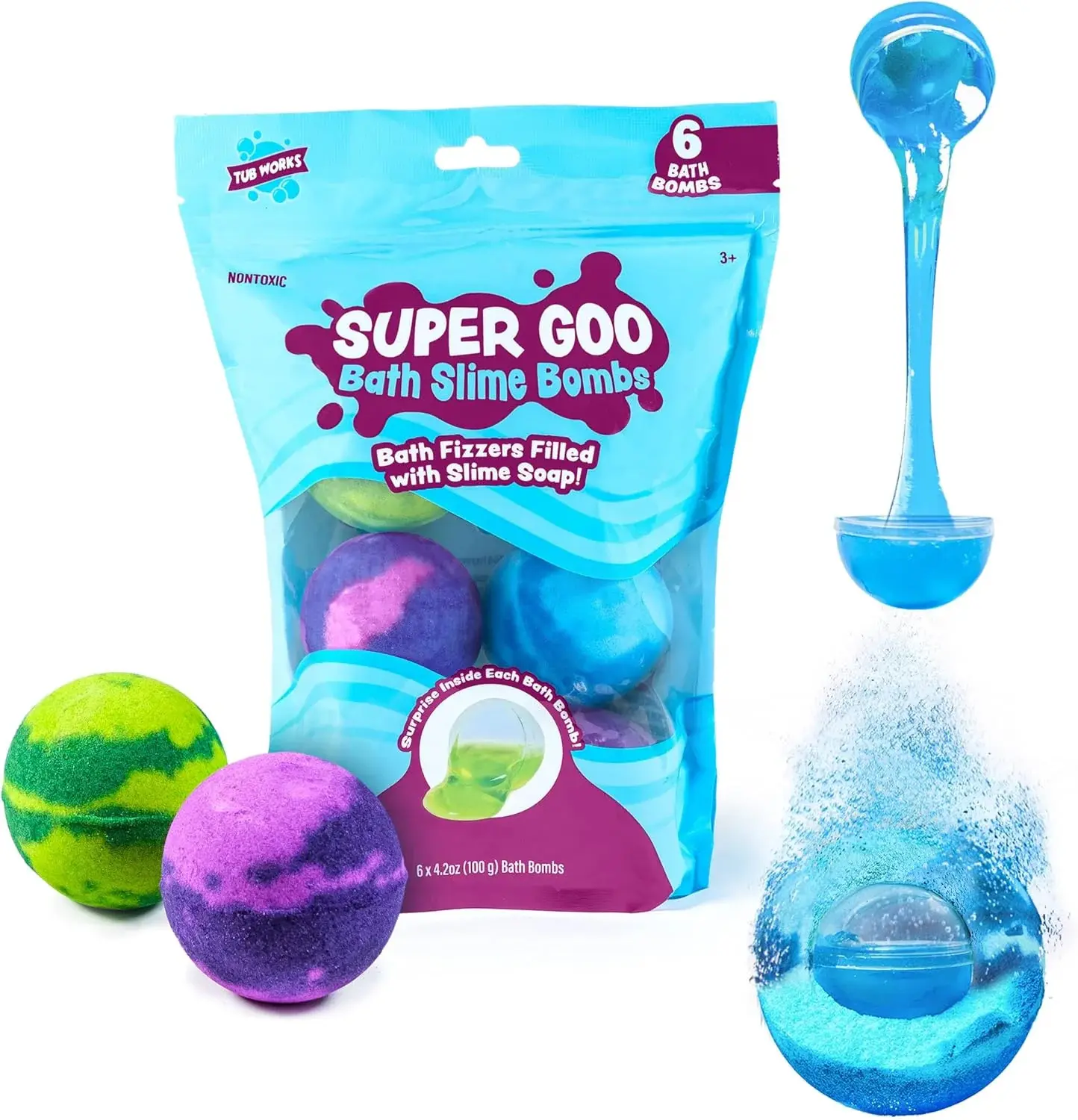Tub Works Super Goo Slime Bath Surprise Solid Bomb 6-Pack - Non-Toxic, Kid-Friendly Bath Cleanser with Stretchy Squishy Slime Surprise Inside, Grape-Fruity, Mess-Free, Colorful Experience Sensory Product for Kids