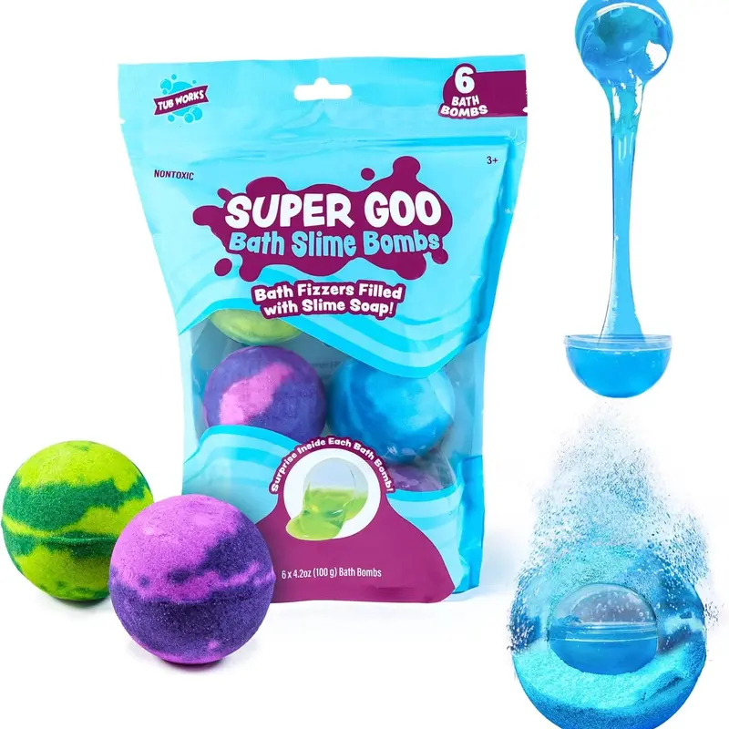 Tub Works Super Goo Slime Bath Surprise Solid Bomb 6-Pack - Non-Toxic, Cruelty-Free Bath Bomb Squishy Cleanser with Stretchy Slime Surprise, Grape, Blueberry Mix Scent, Fizzy Fizz, Colorful Fun Kids Sensory Product