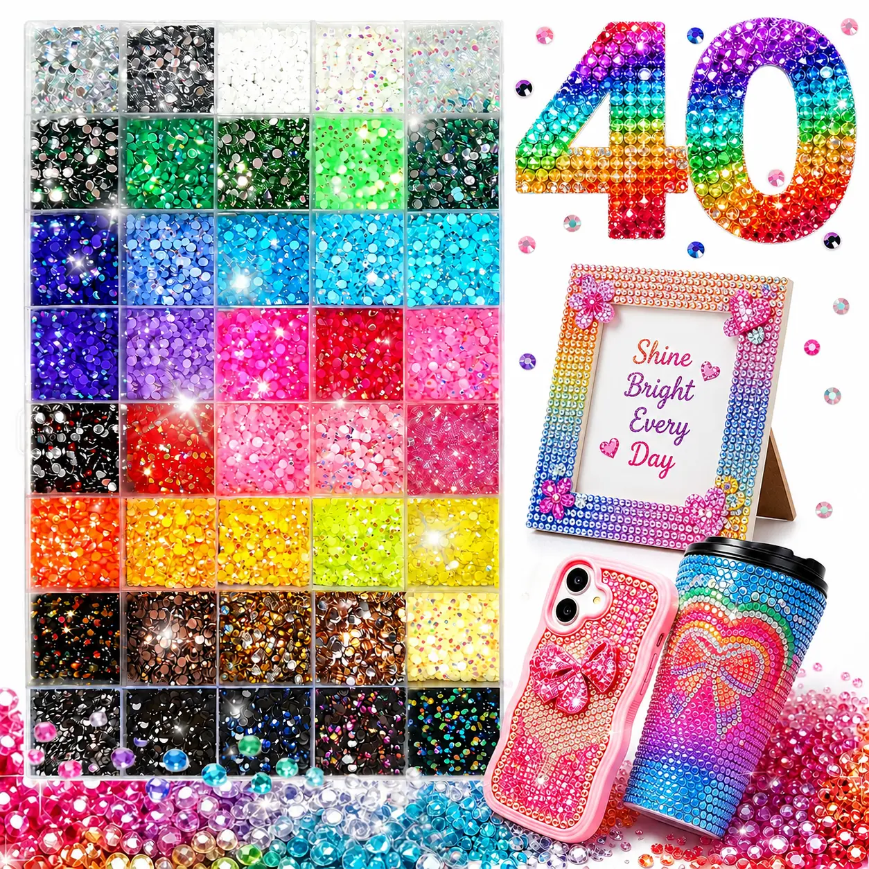 40 Color with 40000Pcs Jelly Rhinestones With Kit for Bedazzling 3mm Multicolor synthetic beads Resin Flatback beads for Art Bedazzler Kit for Crafting Book Shoes Nail Art Glitter Decorative Nails Glam Pack Glitter