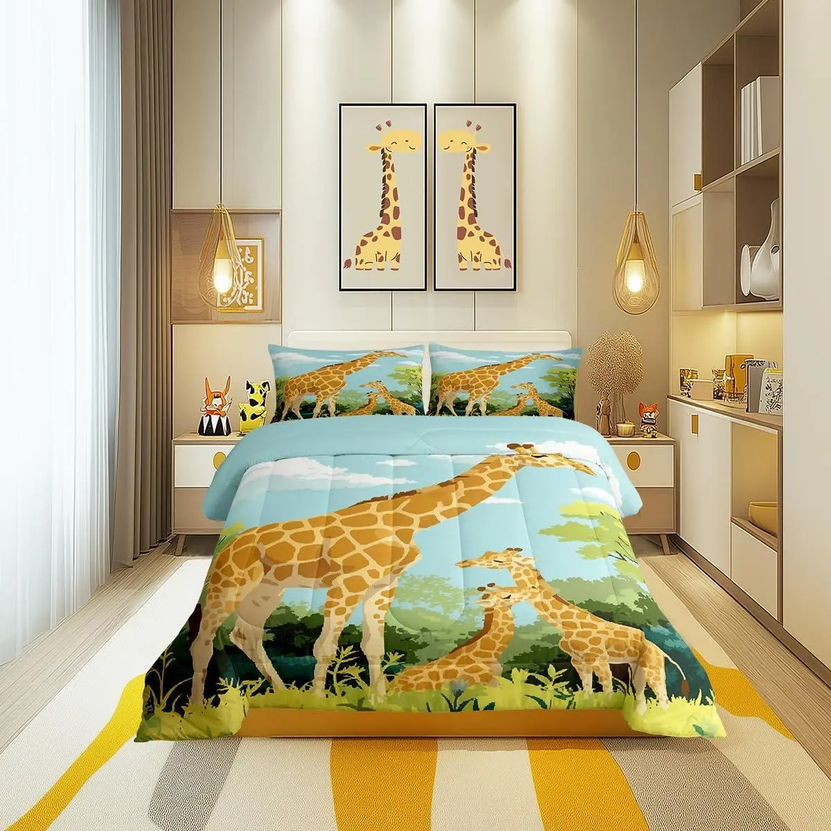 Cartoon Giraffe Comforter Set for Kids Cute Tropical Wild Animal Bedding Set,All Season Blue Sky Jungle Trees Quilt Set,Bedroom Decor Tallest Neck Animal Down Comforter