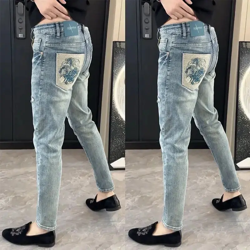 2026 Summer New Solid Pure Cotton Men's Slim-Fitting Jeans - Thin, Embroidered, Korean-Style Designer Casual Menswear Pants with Pocket, Embroidery, Denim