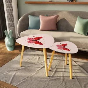 Pink Girls Room Side Tables Butterfly Moth Mid Century Modern Nesting Table Set | Small Space Furniture Boho, Eclectic Home Decor Dorm Room